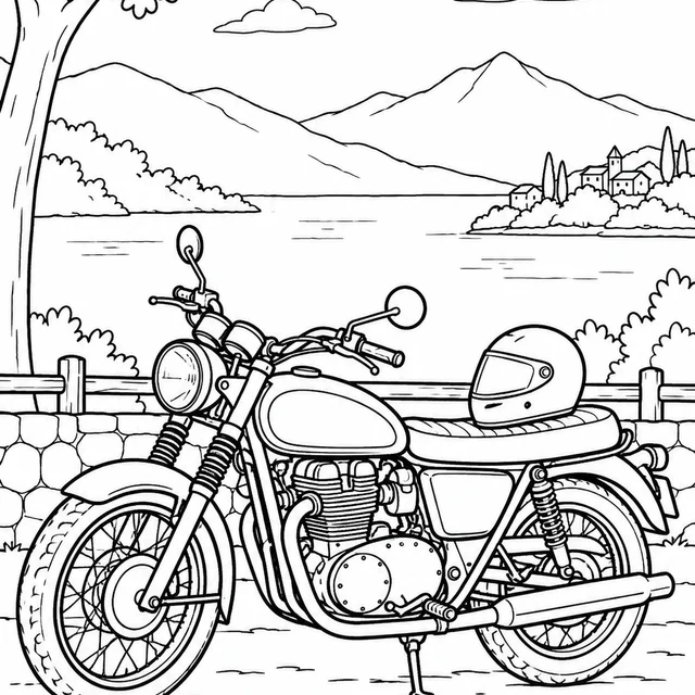 Moto clássica com capacete no banco para colorir