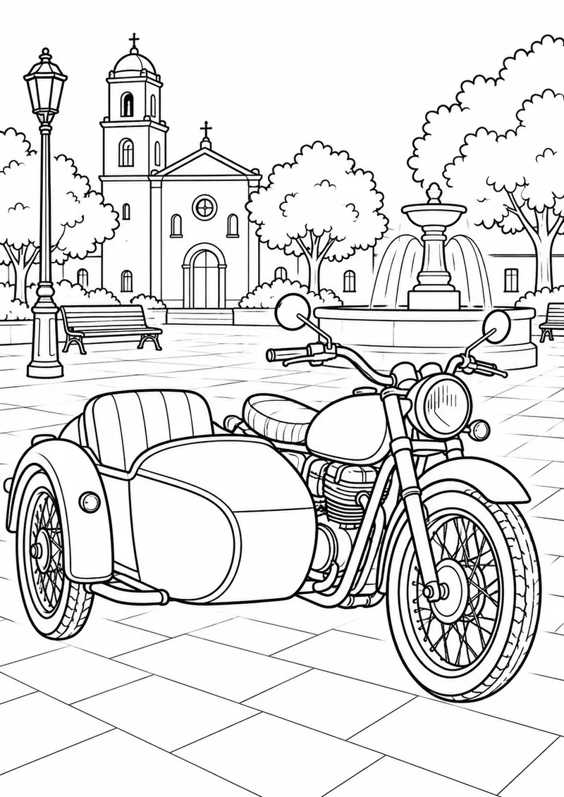 Moto com carro lateral numa praça para colorir