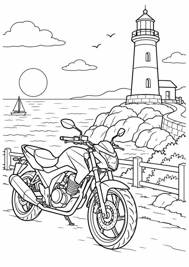Moto de passeio junto ao farol para colorir