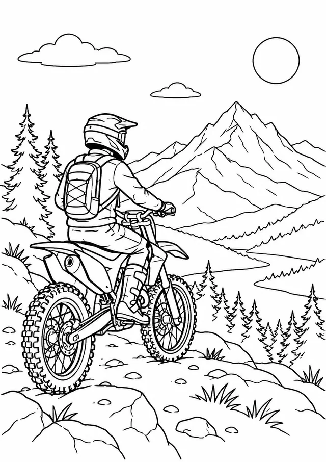Moto de trilha junto a uma montanha para colorir