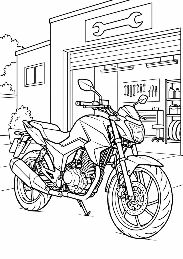 Moto urbana estacionada diante de uma oficina para colorir