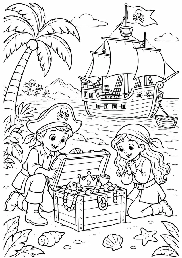 Navio pirata na ilha para colorir