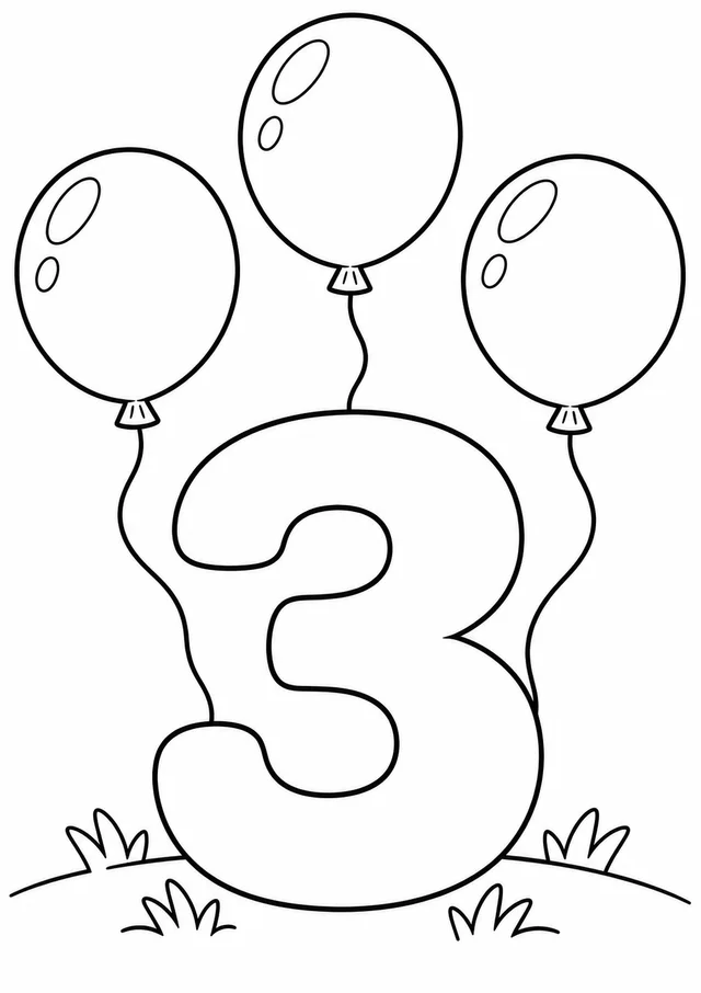 Número 3 e três balões para colorir