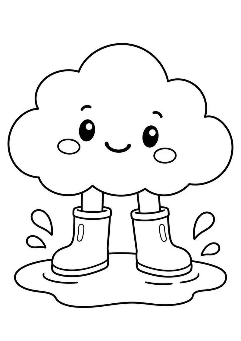 Nuvem fofinha com botas de chuva para colorir