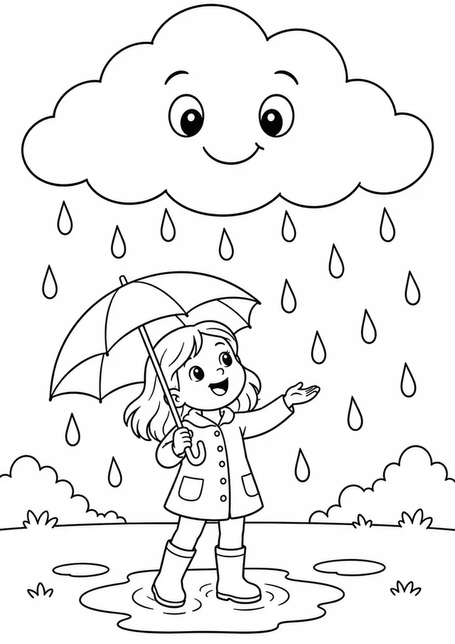 Nuvem grande com gotas de chuva para colorir