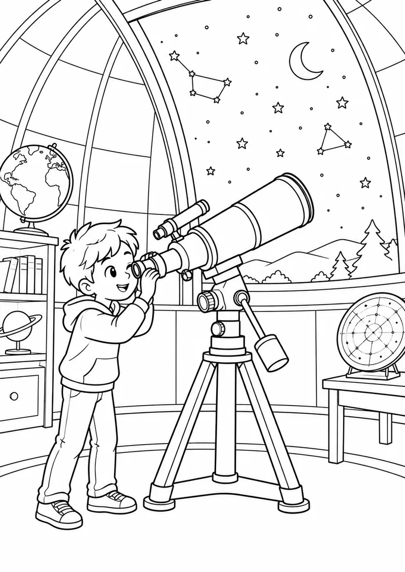 Observatório com telescópio e estrelas para colorir