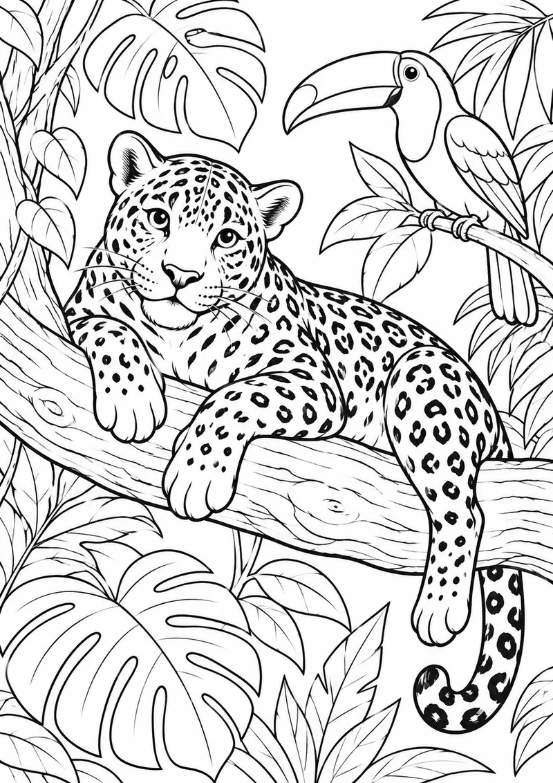 Onça entre folhas tropicais para colorir