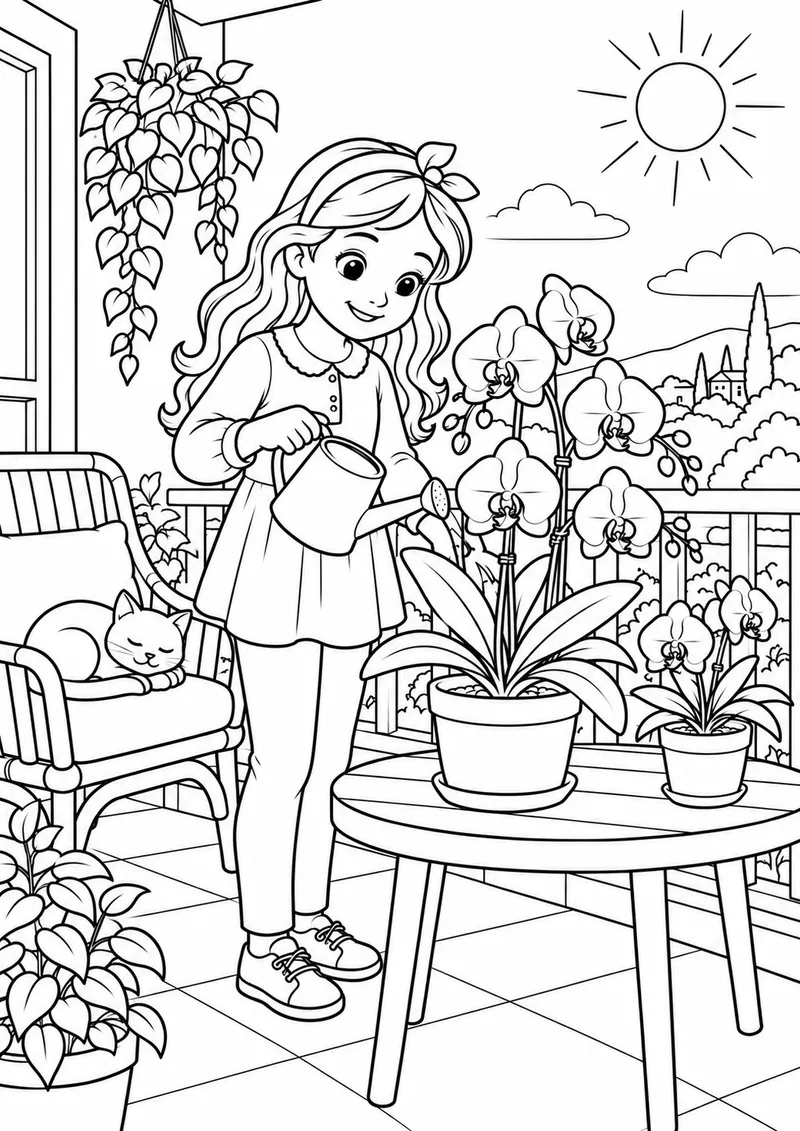 Orquídeas numa varanda ensolarada para colorir