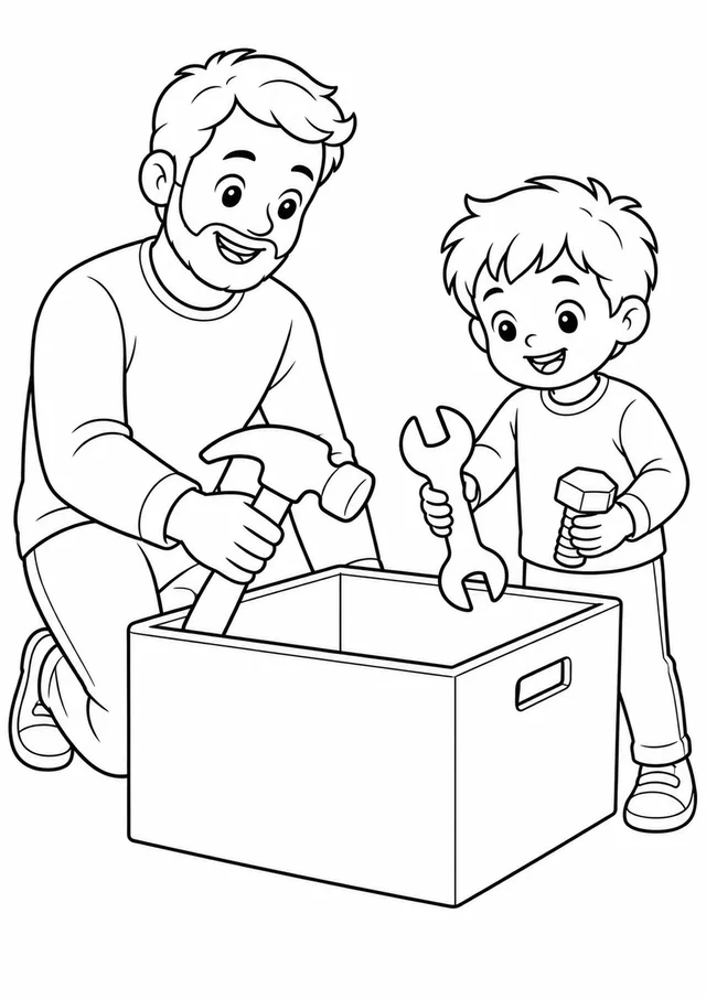 Pai e criança organizando ferramentas de brinquedo para colorir