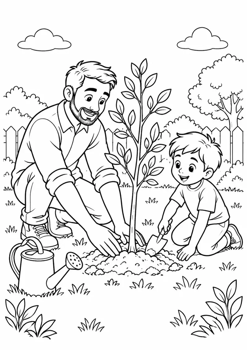 Pai e criança plantando uma árvore para colorir