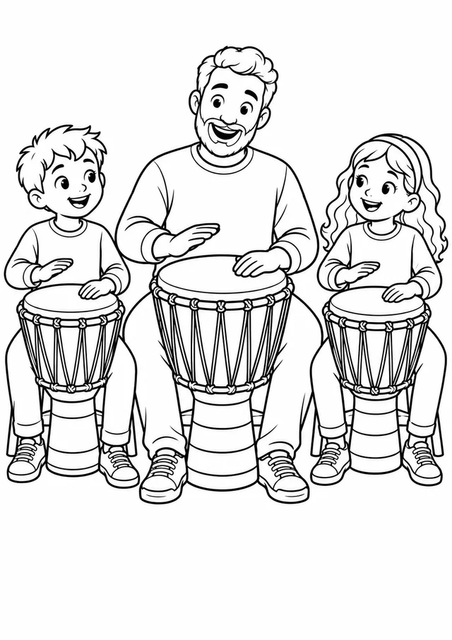 Pai e crianças tocando tambores de lata para colorir