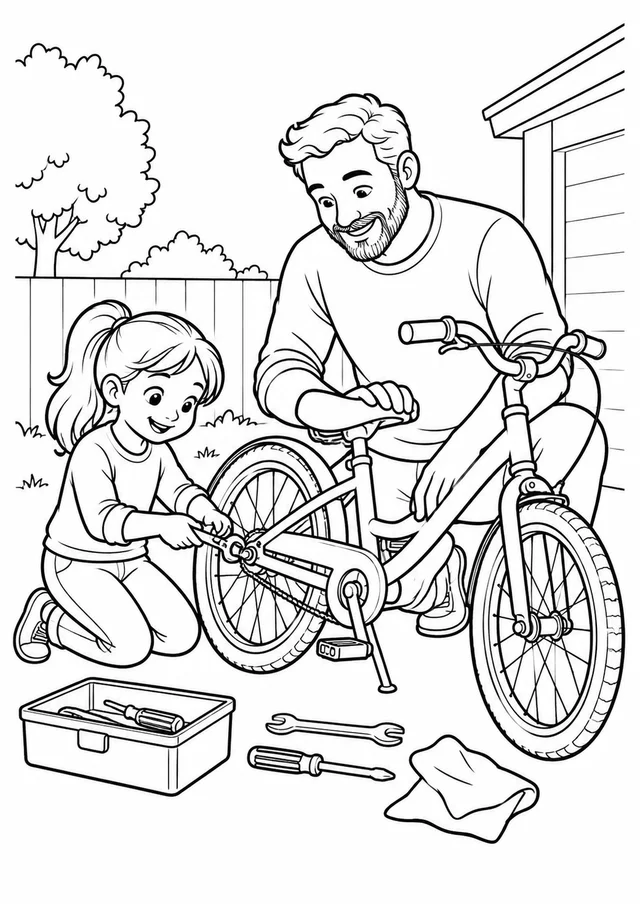 Pai e filha consertando uma bicicleta para colorir