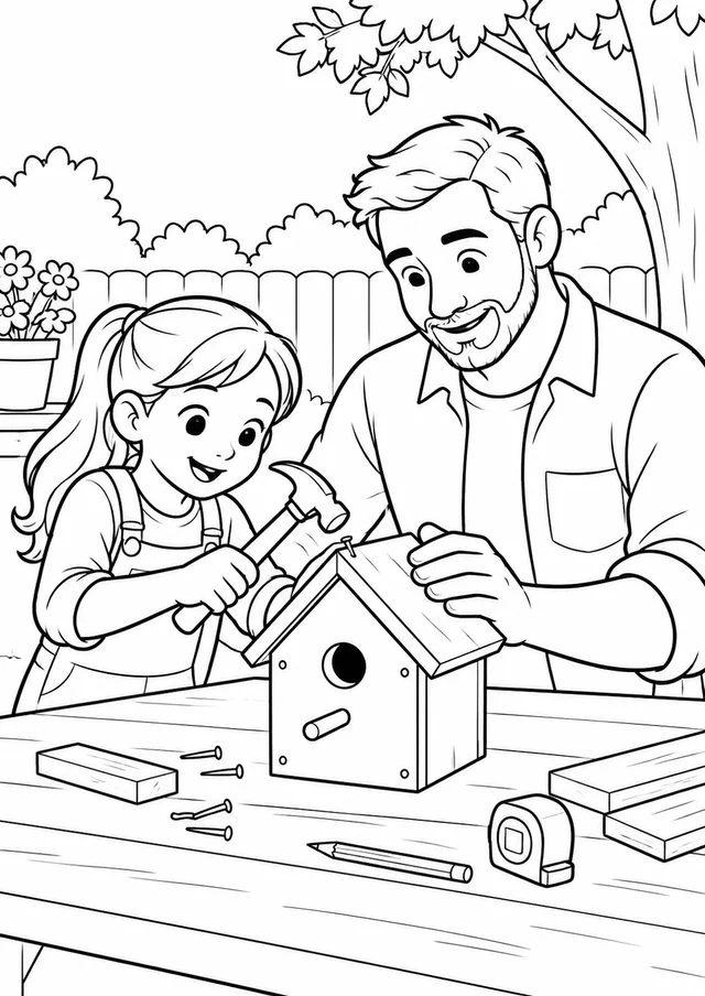 Pai e filha construindo casinha de passarinho para colorir