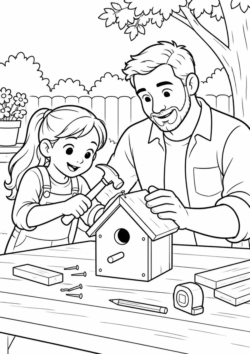 Pai e filha construindo casinha de passarinho para colorir