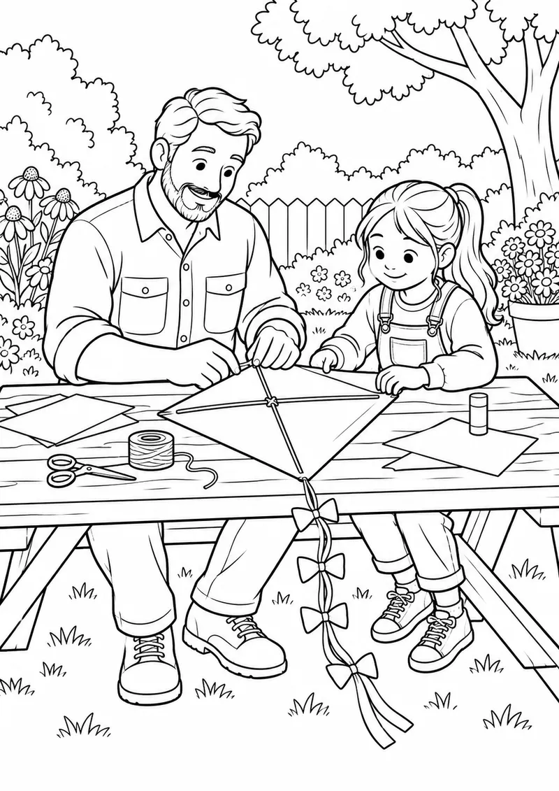 Pai e filha construindo uma pipa para colorir
