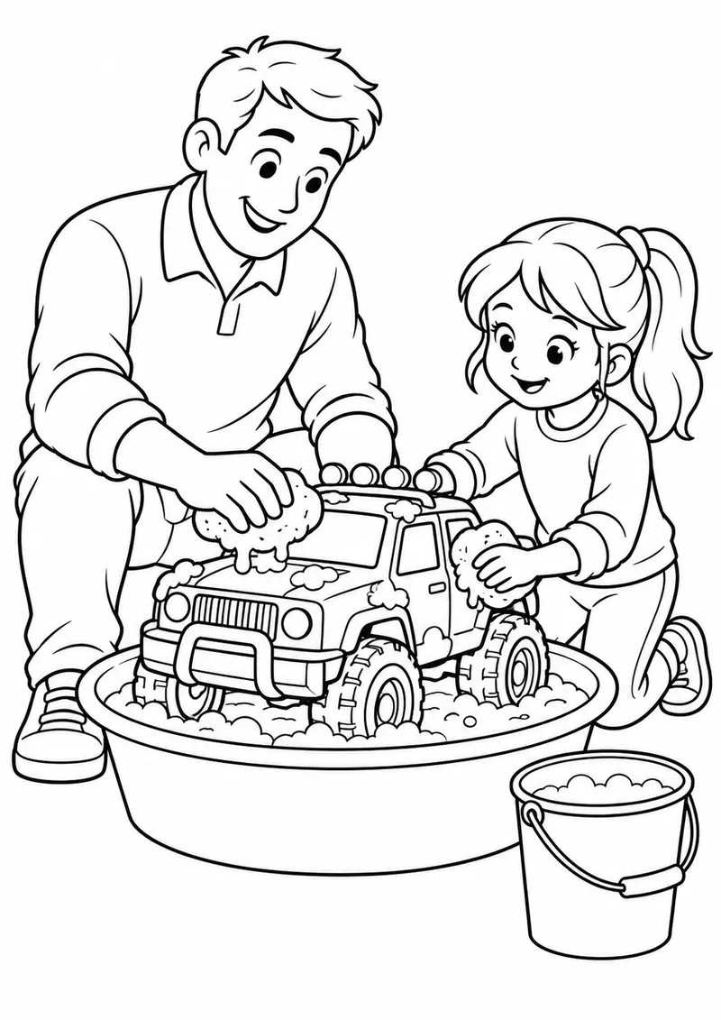 Pai e filha lavando um carrinho de brinquedo para colorir