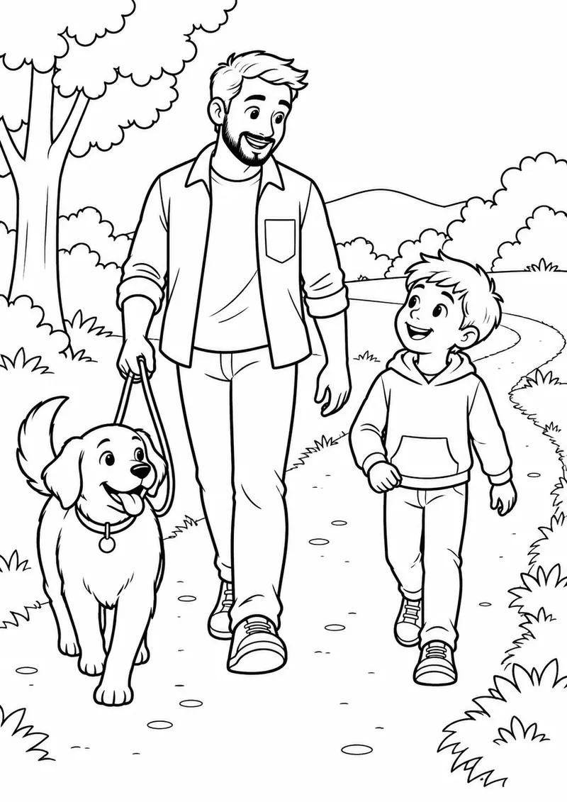 Pai e filho caminhando com cachorro para colorir