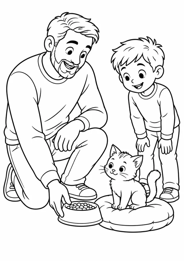 Pai e filho cuidando de um gatinho para colorir