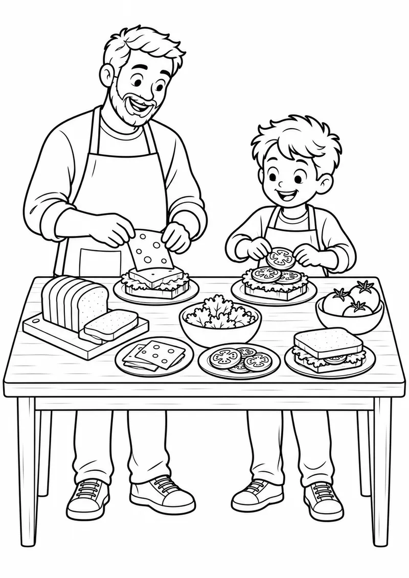 Pai e filho preparando sanduíches para colorir