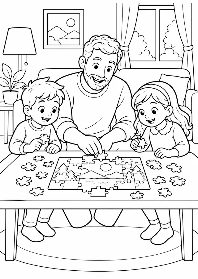 Pai e filhos montando um quebra-cabeça para colorir