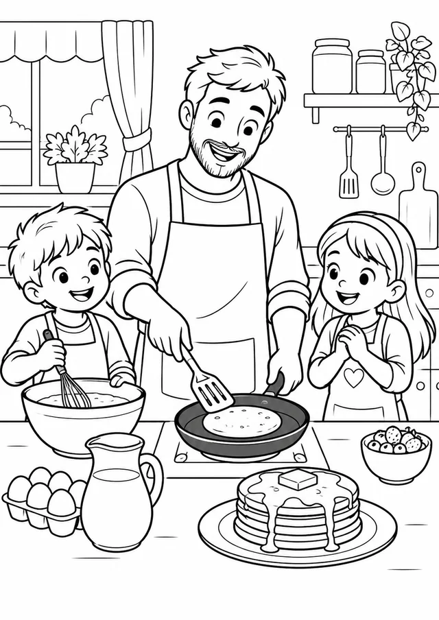 Pai e filhos preparando panquecas para colorir