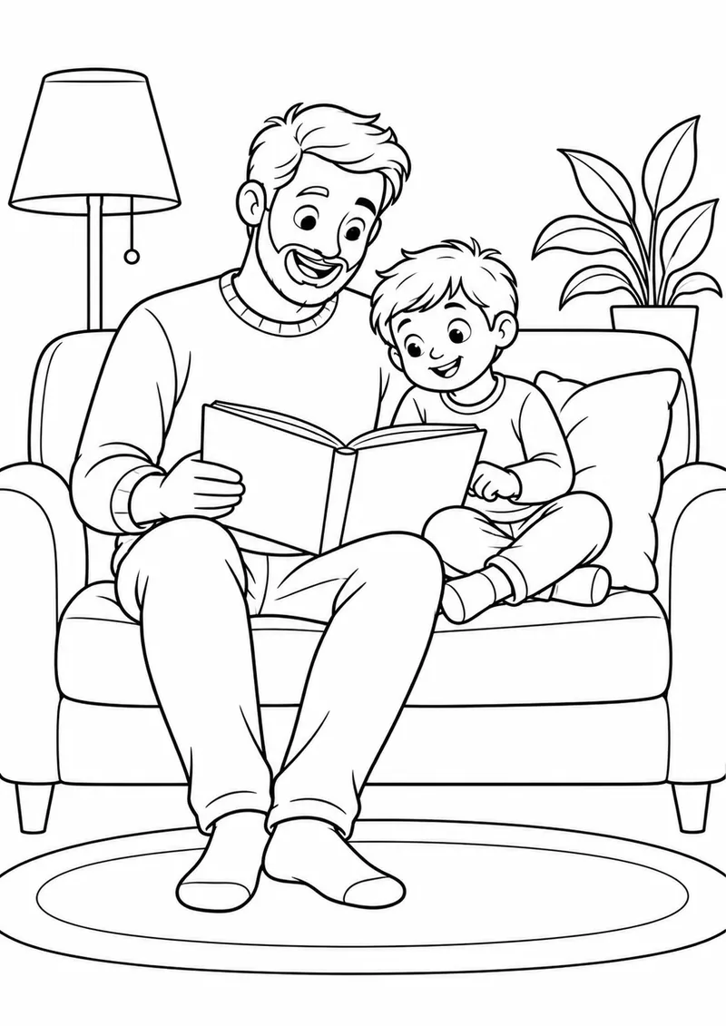 Pai lendo para filho no sofá para colorir