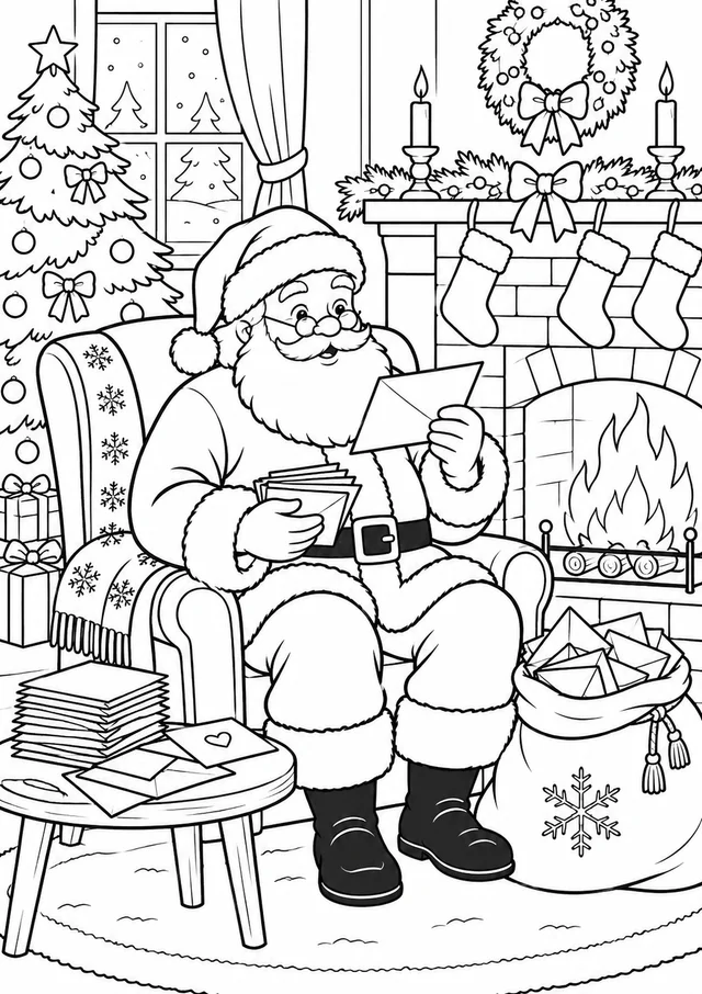 Papai Noel lendo cartas junto à lareira para colorir