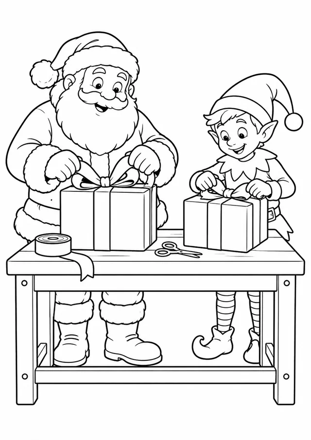 Papai Noel e duende embrulhando presentes para colorir