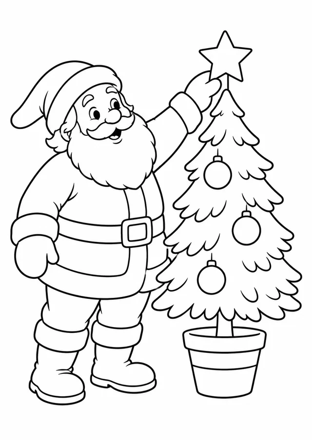 Papai Noel enfeitando a árvore para colorir