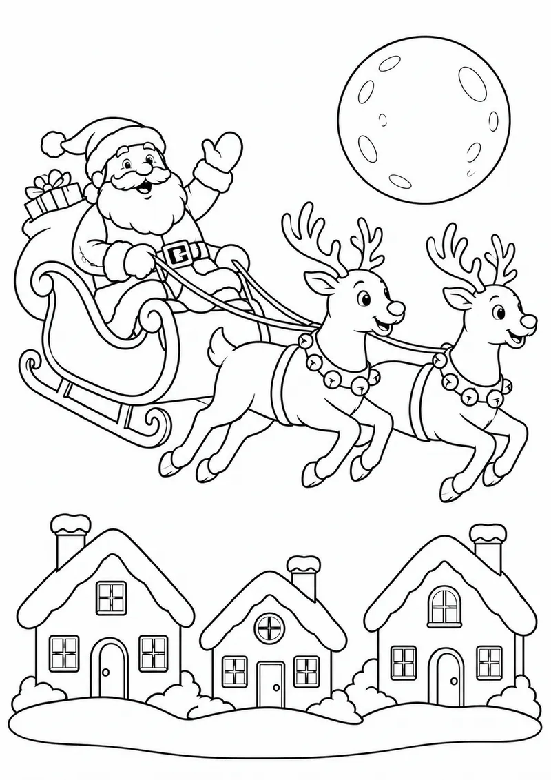 Papai Noel no trenó com renas para colorir
