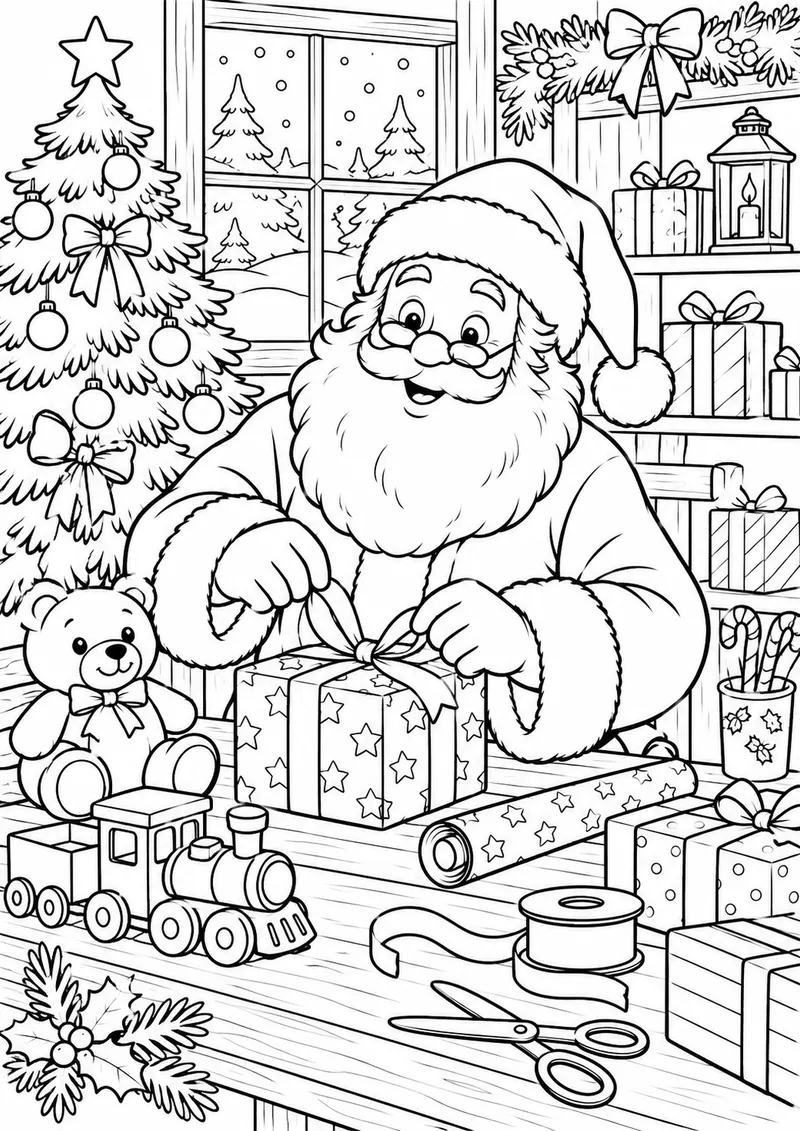 Papai Noel preparando presentes para colorir