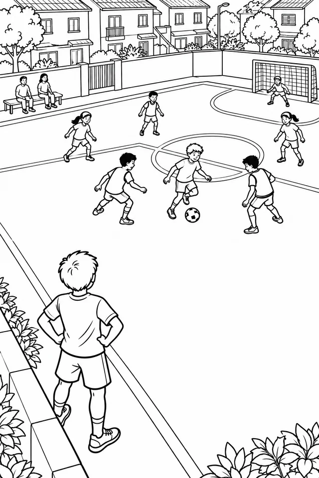 Partida de futebol numa quadra de bairro para colorir