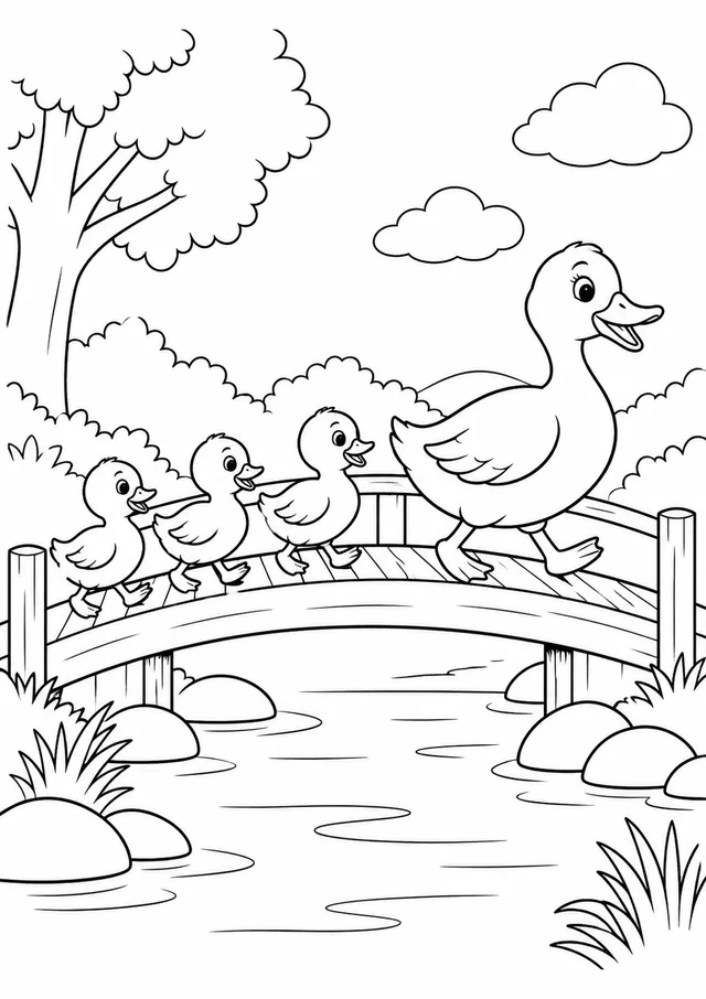 Pata e patinhos atravessando uma ponte para colorir