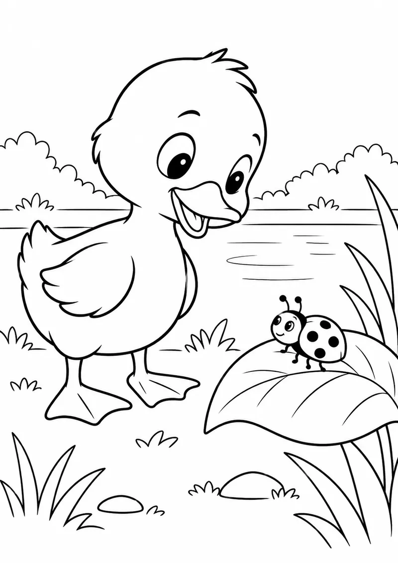 Patinho olhando uma joaninha para colorir
