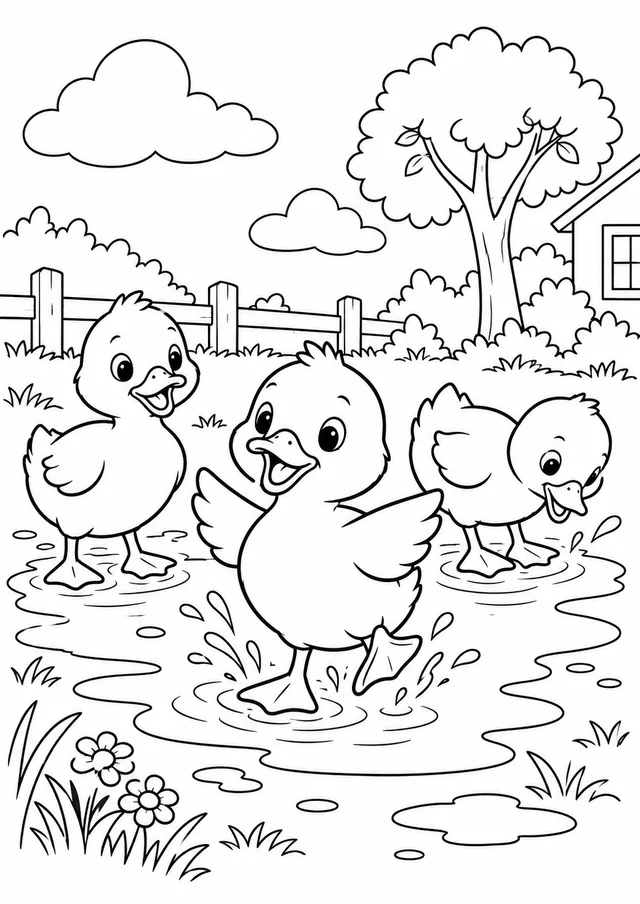 Patinhos numa poça depois da chuva para colorir