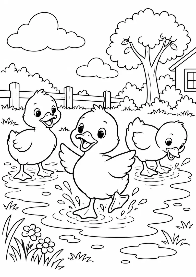 Patinhos numa poça depois da chuva para colorir