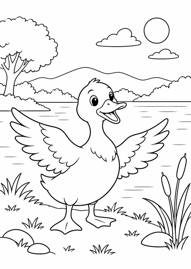 Pato com asas abertas na margem do lago para colorir
