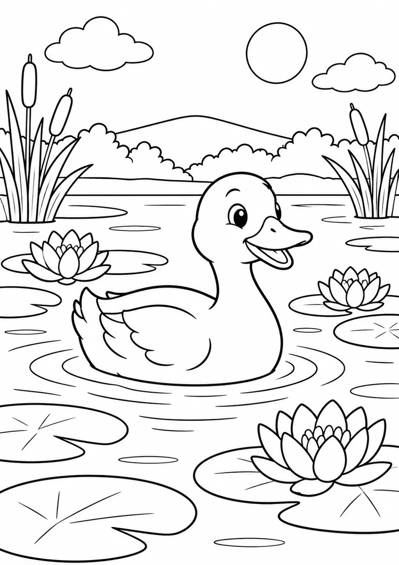 Pato nadando entre nenúfares para colorir