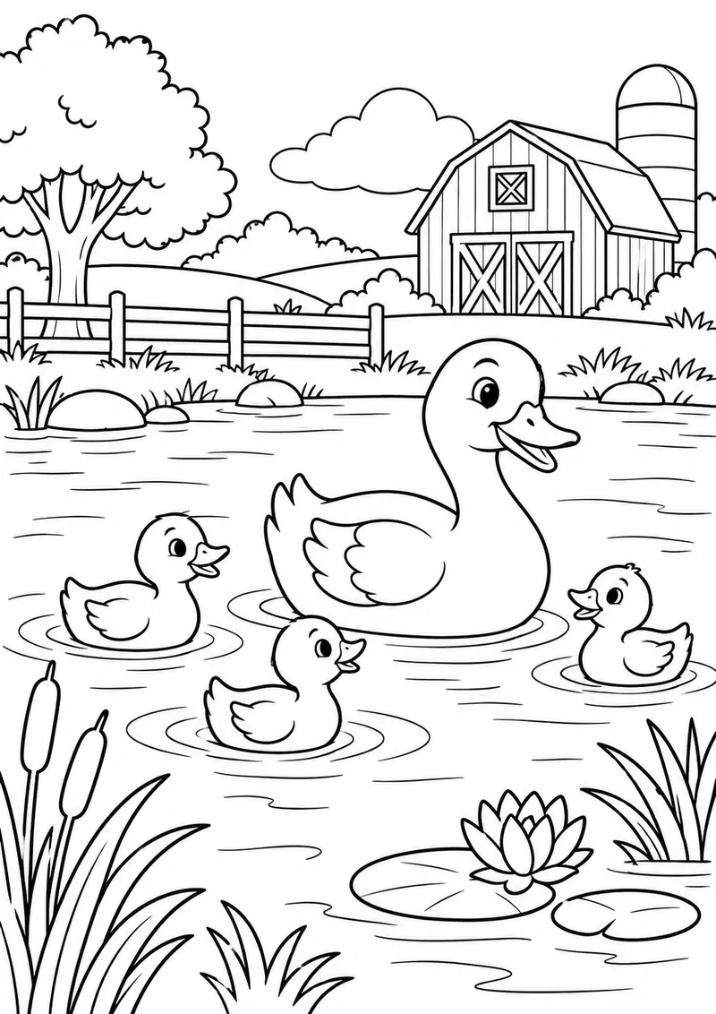 Patos nadando no lago da fazenda para colorir