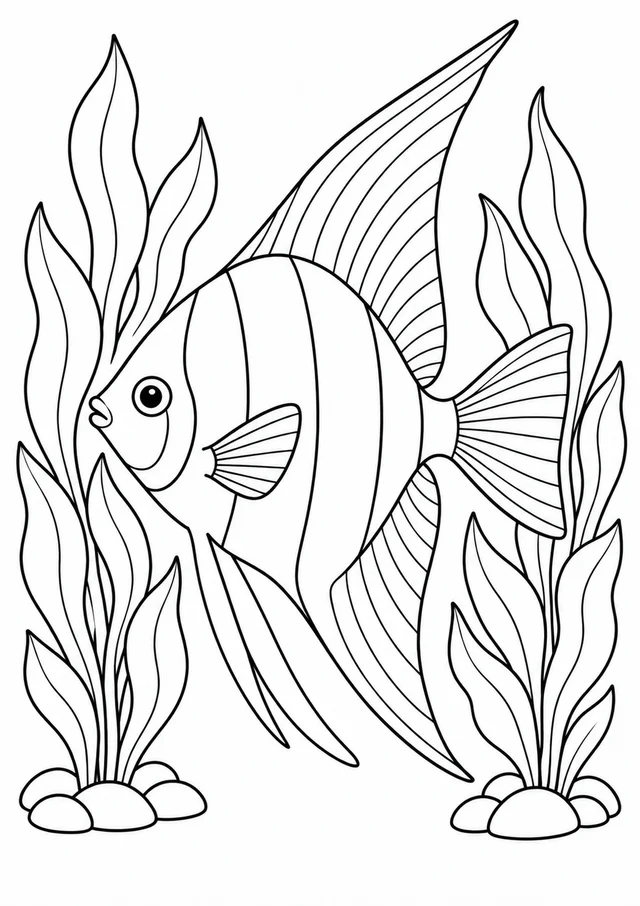 Peixe-anjo entre algas para colorir