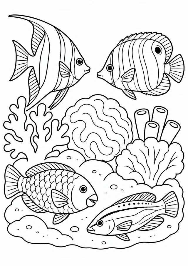 Peixes tropicais no recife para colorir