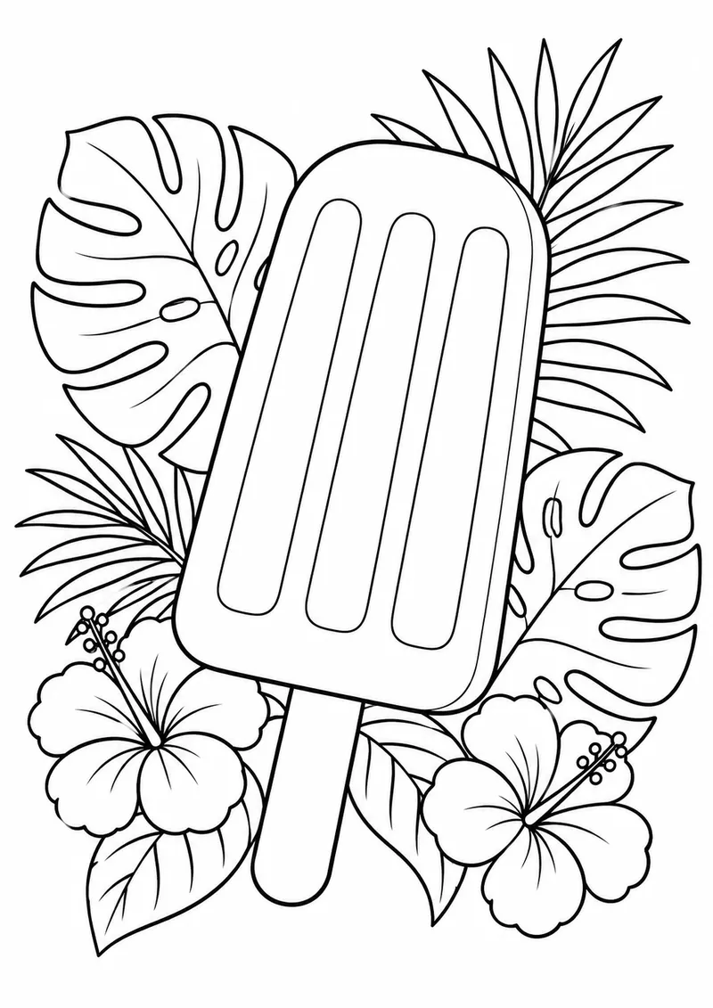 Picolé grande entre folhas tropicais para colorir