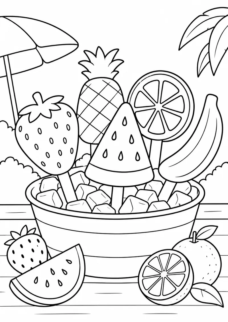 Picolés com formatos de frutas para colorir