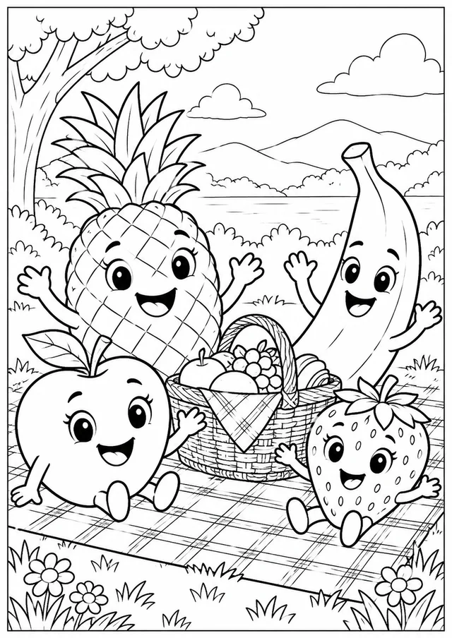 Piquenique das frutas para colorir