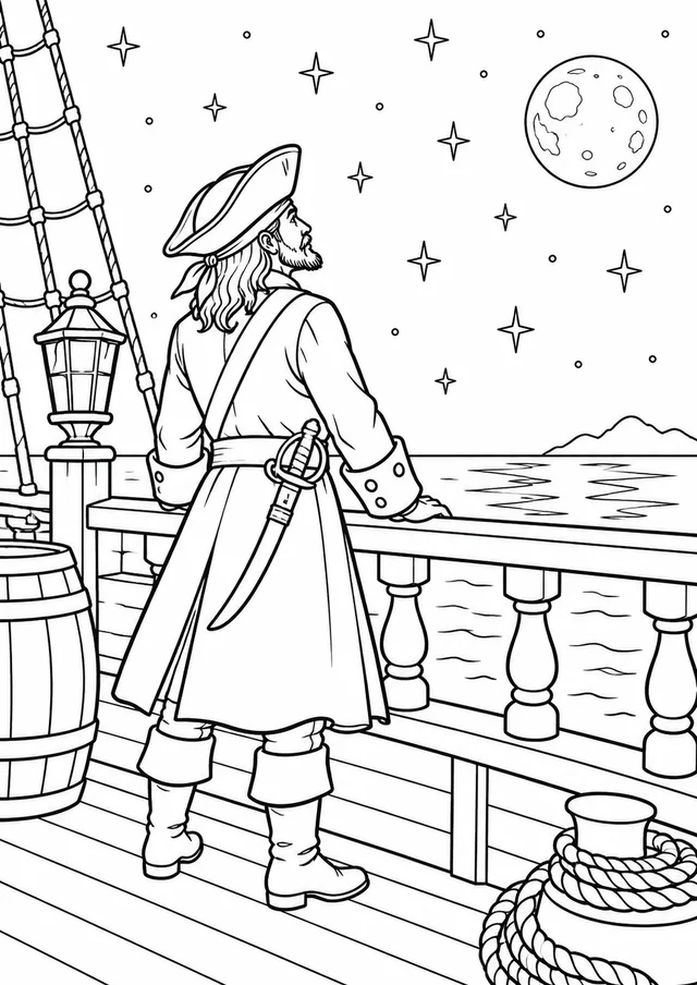 Pirata de casaco comprido observando estrelas no convés para colorir