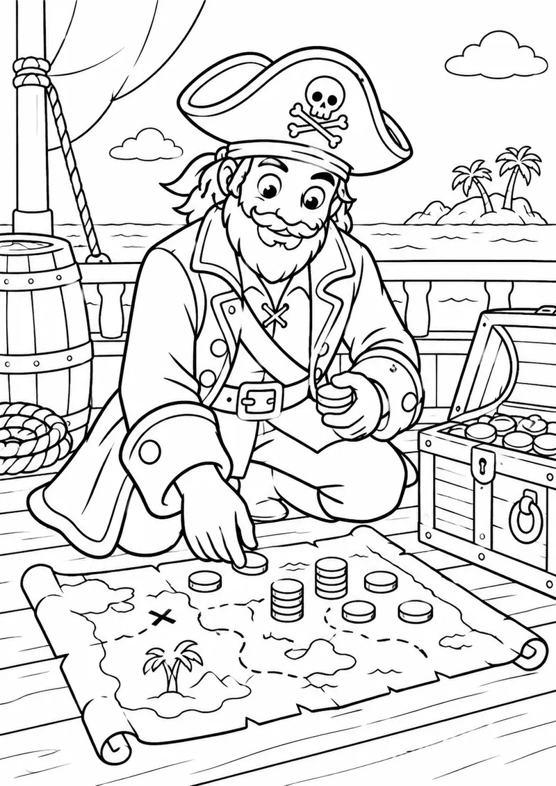 Pirata de casaco organizando moedas no mapa para colorir