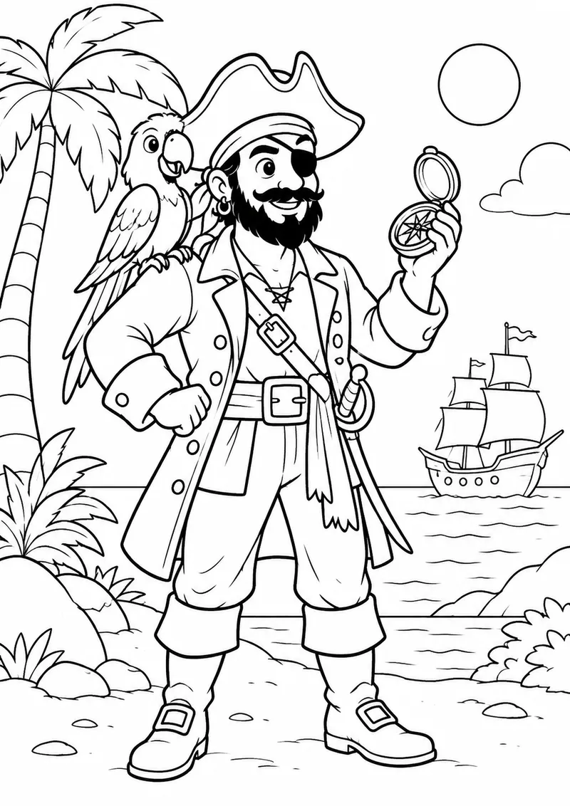 Pirata com bússola e papagaio para colorir