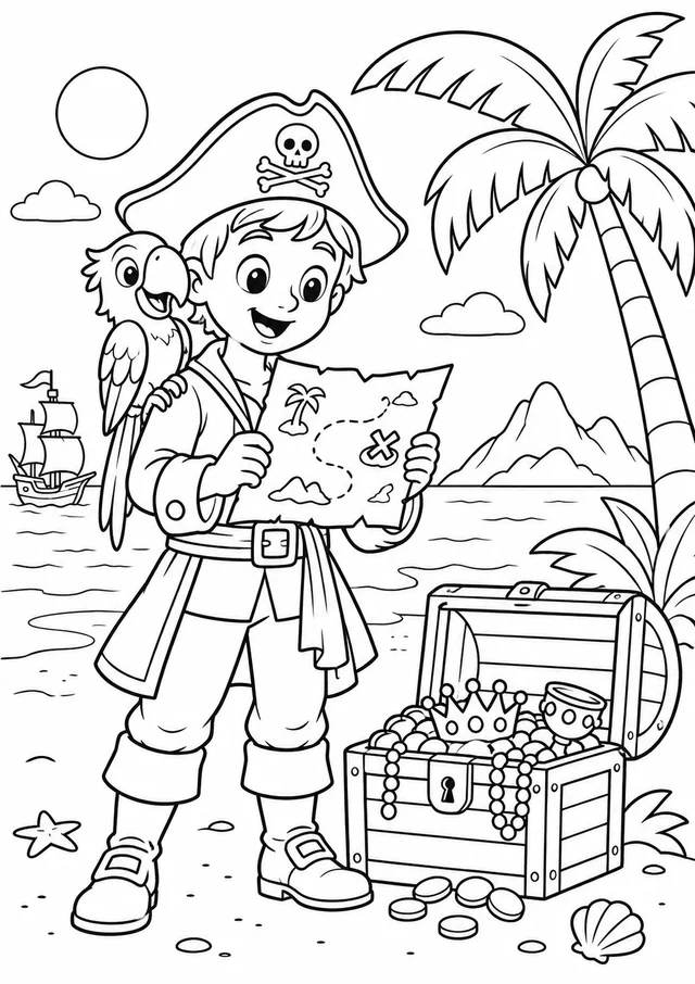 Pirata e o mapa do tesouro para colorir