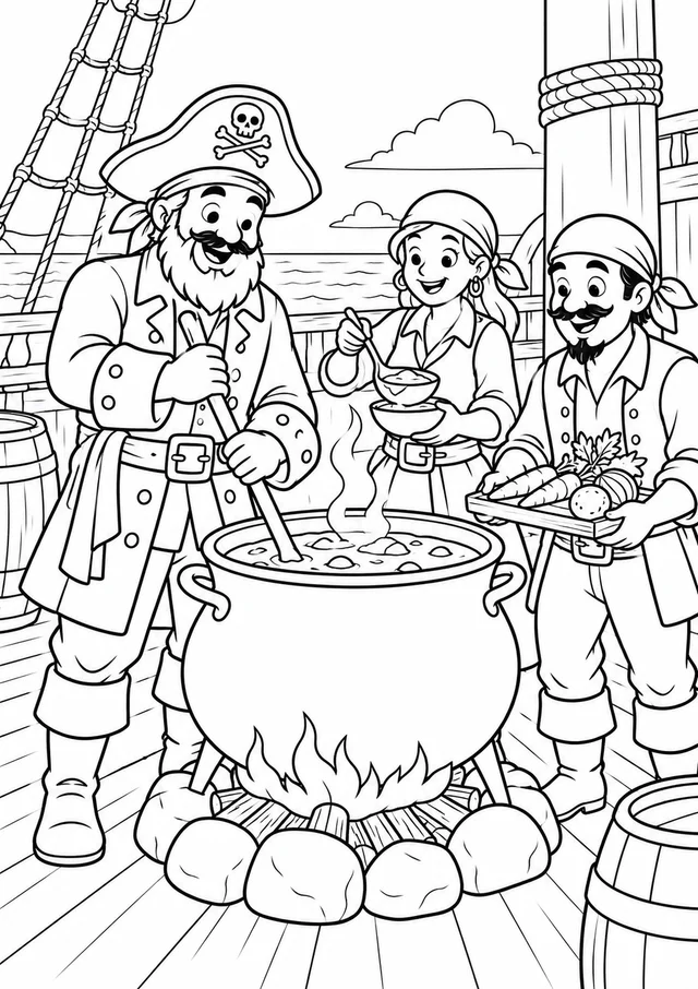 Piratas cozinhando no navio para colorir
