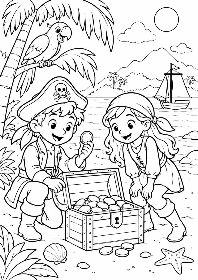 Piratas na ilha do tesouro para colorir